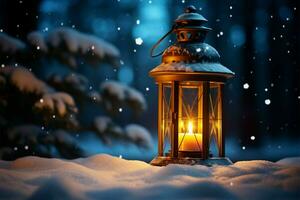 AI generated Burning Glowing lantern in winter snow Beautiful winter background AI Generated photo