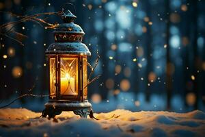 AI generated Burning Glowing lantern in winter snow Beautiful winter background AI Generated photo