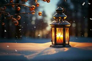 AI generated Burning Glowing lantern in winter snow Beautiful winter background AI Generated photo