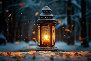 AI generated Burning Glowing lantern in winter snow Beautiful winter background AI Generated photo