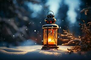 AI generated Burning Glowing lantern in winter snow Beautiful winter background AI Generated photo