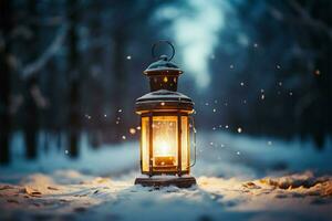 AI generated Burning Glowing lantern in winter snow Beautiful winter background AI Generated photo