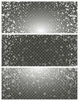 Snowfall and falling snowflakes on background. Set of three backdrops. White snowflakes and Christmas snow. Vector illustration
