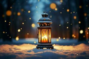 AI generated Burning Glowing lantern in winter snow Beautiful winter background AI Generated photo