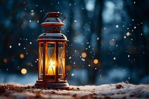 AI generated Burning Glowing lantern in winter snow Beautiful winter background AI Generated photo