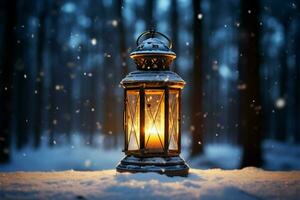 AI generated Burning Glowing lantern in winter snow Beautiful winter background AI Generated photo