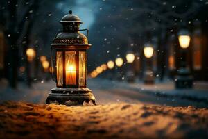 AI generated Burning Glowing lantern in winter snow Beautiful winter background AI Generated photo