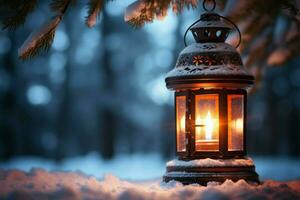 AI generated Burning Glowing lantern in winter snow Beautiful winter background AI Generated photo