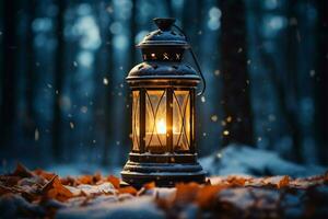 AI generated Burning Glowing lantern in winter snow Beautiful winter background AI Generated photo