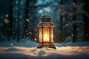 AI generated Burning Glowing lantern in winter snow Beautiful winter background AI Generated photo