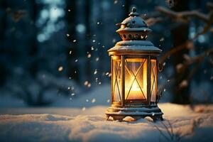 AI generated Burning Glowing lantern in winter snow Beautiful winter background AI Generated photo