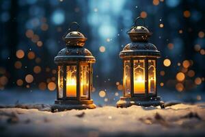 AI generated Burning Glowing lantern in winter snow Beautiful winter background AI Generated photo