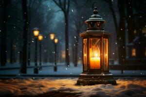 AI generated Burning Glowing lantern in winter snow Beautiful winter background AI Generated photo