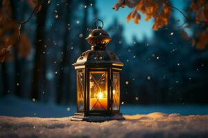 AI generated Burning Glowing lantern in winter snow Beautiful winter background AI Generated photo