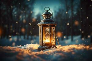 AI generated Burning Glowing lantern in winter snow Beautiful winter background AI Generated photo