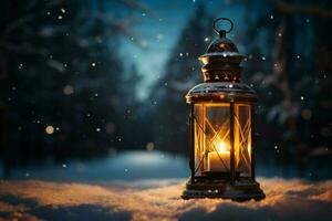 ai generado ardiente brillante linterna en invierno nieve hermosa invierno antecedentes ai generado foto