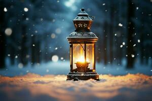 AI generated Burning Glowing lantern in winter snow Beautiful winter background AI Generated photo