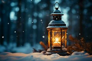 AI generated Burning Glowing lantern in winter snow Beautiful winter background AI Generated photo