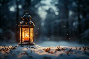 AI generated Burning Glowing lantern in winter snow Beautiful winter background AI Generated photo