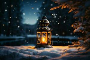 AI generated Burning Glowing lantern in winter snow Beautiful winter background AI Generated photo