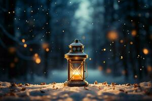 AI generated Burning Glowing lantern in winter snow Beautiful winter background AI Generated photo