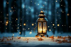 AI generated Burning Glowing lantern in winter snow Beautiful winter background AI Generated photo