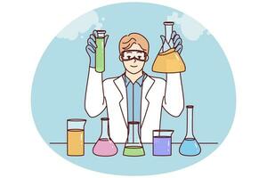 Smiling male researcher in white medical coat make experiments in laboratory. Happy man scientists experiment with tubes in lab. Science. Vector illustration.