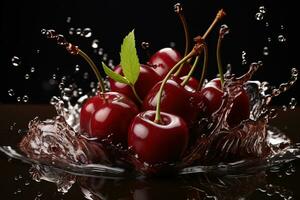 AI generated Ripe juicy cherry in a splash of water on a black background. Generated by artificial intelligence photo