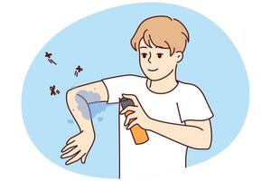 Smiling man applying anti-mosquito spray on arms. Guy use insect repellent keep bugs away outdoors. Vector illustration.