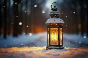 AI generated Burning Glowing lantern in winter snow Beautiful winter background AI Generated photo