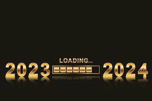 Golden number 2023 loading to 2024 with black scene. 3d numbers symbol. 2024 Happy New Year. Golden metallic calligraphic numbers 2024. Holiday festive banner design. Lettering sign composition vector