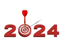 Red dart hit to center of dartboard between number. New Year 3d target and goals with symbol of 2024. Business success, investment goal, financial strategy, purpose achievement vector concept.