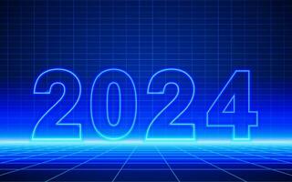 2024 number neon light outline on Futuristic technological grid background. Digital cyber space scene design, cyberpunk technology, Virtual reality, science fiction matrix backdrop vector