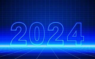 2024 number neon light outline on Futuristic technological grid background. Digital cyber space scene design, cyberpunk technology, Virtual reality, science fiction matrix backdrop vector