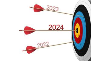 Three Red arrows hit to dartboard with 2024 number. Archery target and bullseye. Business success, investment goal, opportunity challenge, aim strategy, achievement focus concept vector