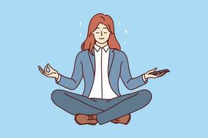 negocio mujer medita y practicas yoga a obtener eliminar malo emociones o aprender zen budismo. niña en negocio ropa sonrisas flotante en aire y medita en loto posición, líder sano estilo de vida. vector