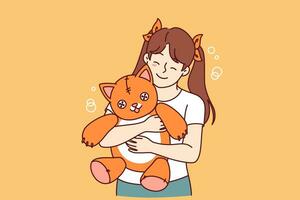 Little girl holds plush cat and smiles and rejoices at presence of favorite toy. Positive child with toy given by mom or dad enjoys hugging kitten for concept of happy childhood for daughter vector