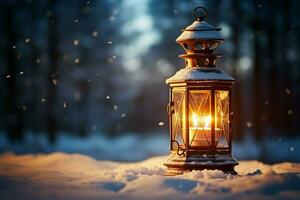 AI generated Burning Glowing lantern in winter snow Beautiful winter background AI Generated photo
