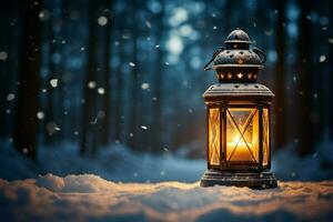 AI generated Burning Glowing lantern in winter snow Beautiful winter background AI Generated photo