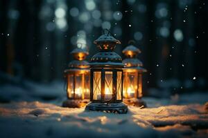 AI generated Burning Glowing lantern in winter snow Beautiful winter background AI Generated photo