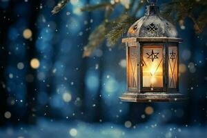 AI generated Burning Glowing lantern in winter snow Beautiful winter background AI Generated photo