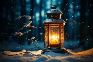 AI generated Burning Glowing lantern in winter snow Beautiful winter background AI Generated photo