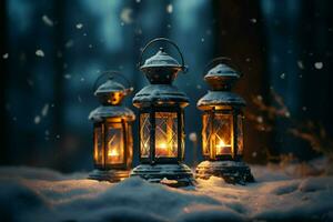 AI generated Burning Glowing lantern in winter snow Beautiful winter background AI Generated photo