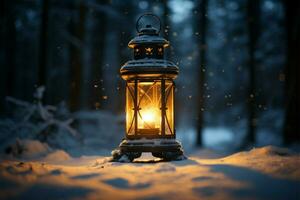 AI generated Burning Glowing lantern in winter snow Beautiful winter background AI Generated photo