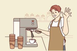 Man barista waves hand and prepares delicious cappuccino for coffeeshop visitors, stands near bar counter. Barista guy enjoys interacting with customers and says welcome to new coffee buyers vector