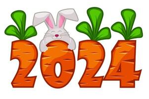 Carrot number 2024 and rabbit for greeting card. Easter s postcard. vector