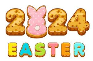 Vector card with inscription from Easter cookies. Postcard with sweets and an bunny. Easter 2024.