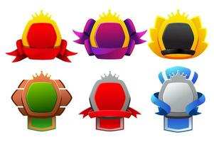 Set of Game level badges. Empty award badges with royal banners and UI icons. Isolated bonus graphic elements, reward, trophy achievement, and prize. vector