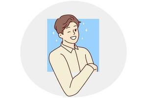 Smiling young man peeking from window. Happy guy look from hole feeling curious and interested. Curiosity concept. Vector illustration.