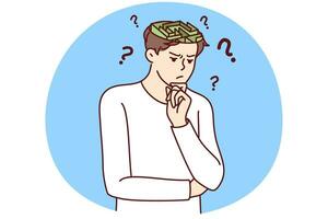 Confused young man with labyrinth in head think of problem solution. Frustrated male make decision contemplating solving trouble. Dilemma. Vector illustration.